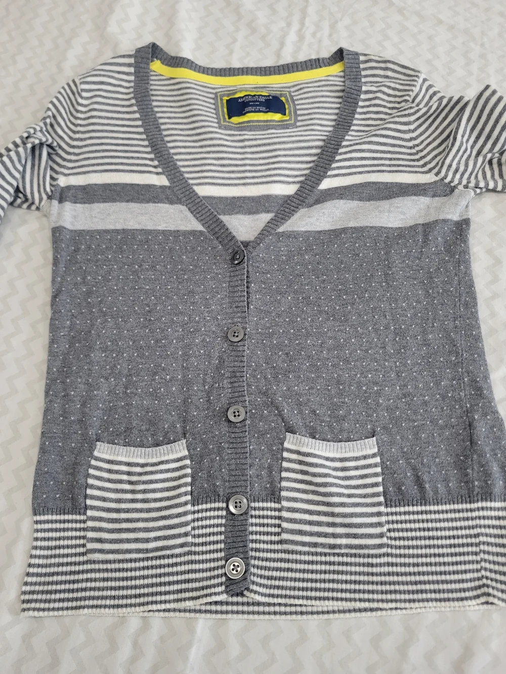 American Eagle Outfitters Gray & White Striped V-Neck Button Cardigan - Picture 2 of 10